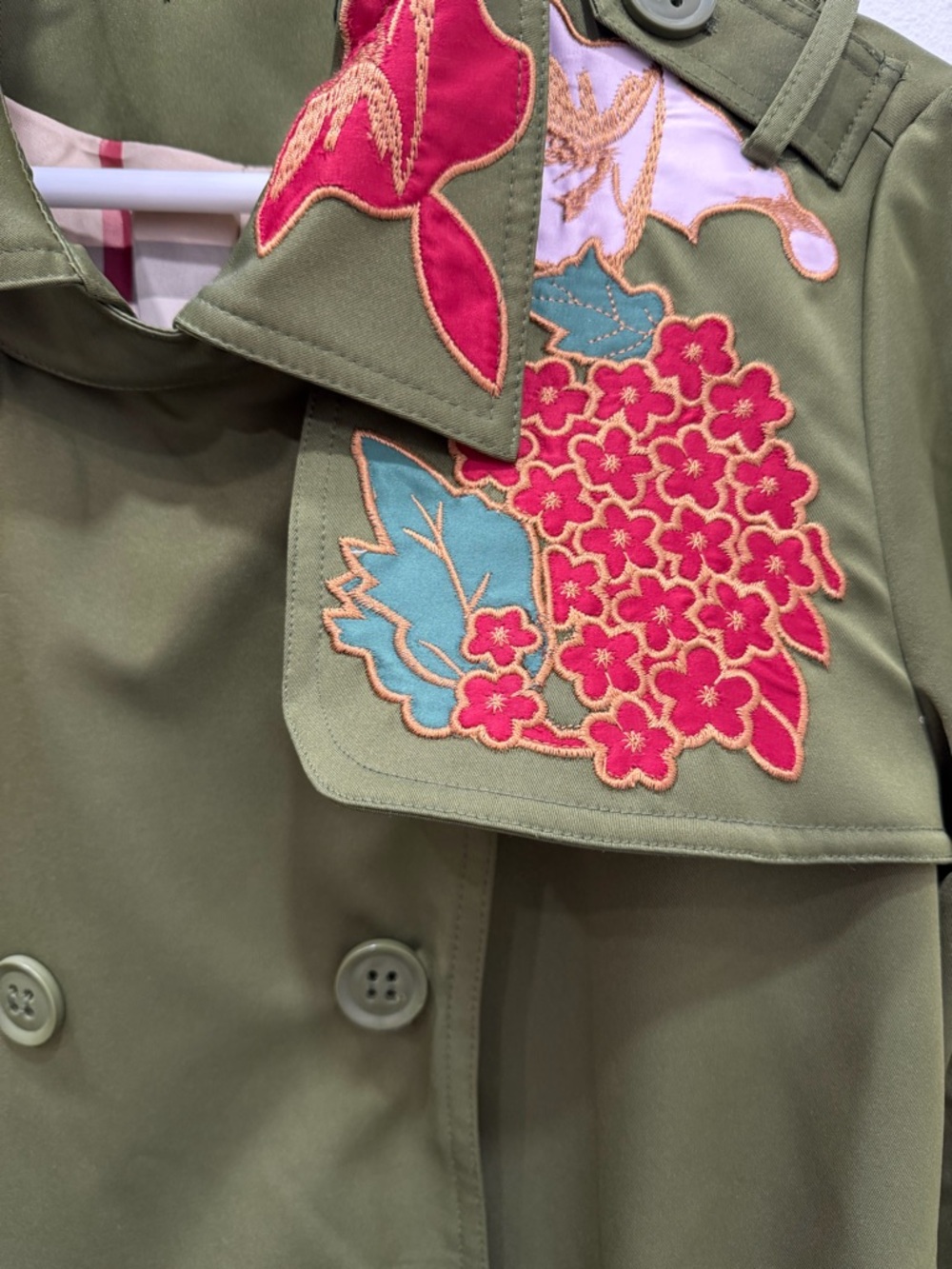 ONE OF A KIND — Iconic Floral Embroidered Olive Trench Coat | Size M - Picture 5 of 17